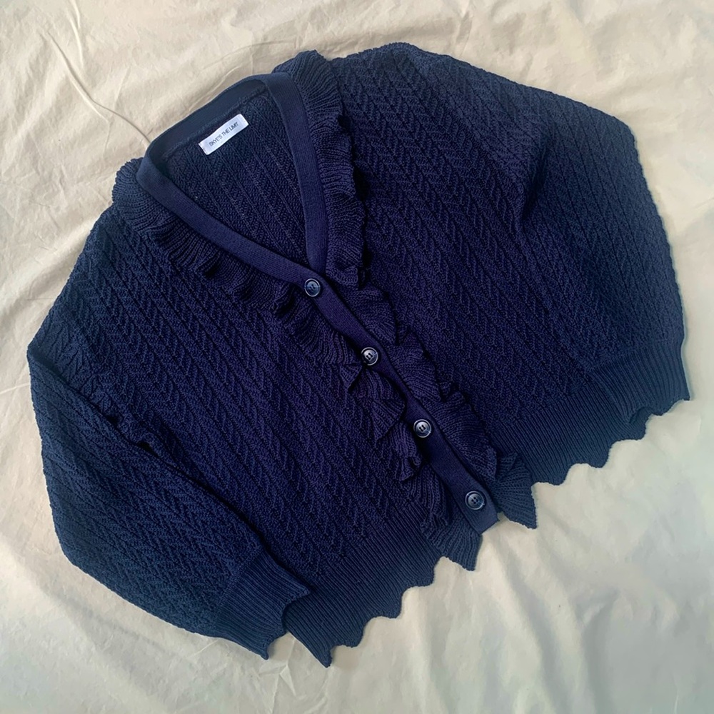*5/$20 or 3/$15* Navy Ruffle V-Neck Button-Up Scallop Cardigan Tape Yarn Sweater
